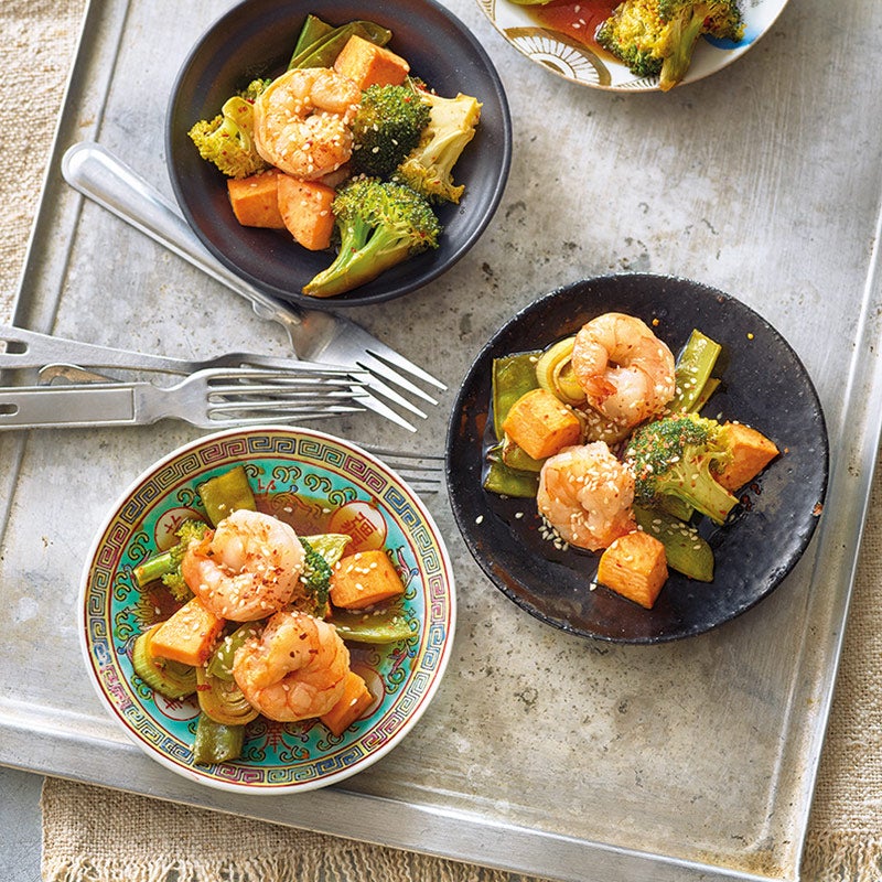 Asiatische Ofensüßkartoffeln mit Garnelen