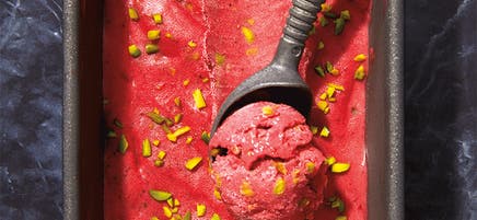 Roasted strawberry and pistachio nice cream