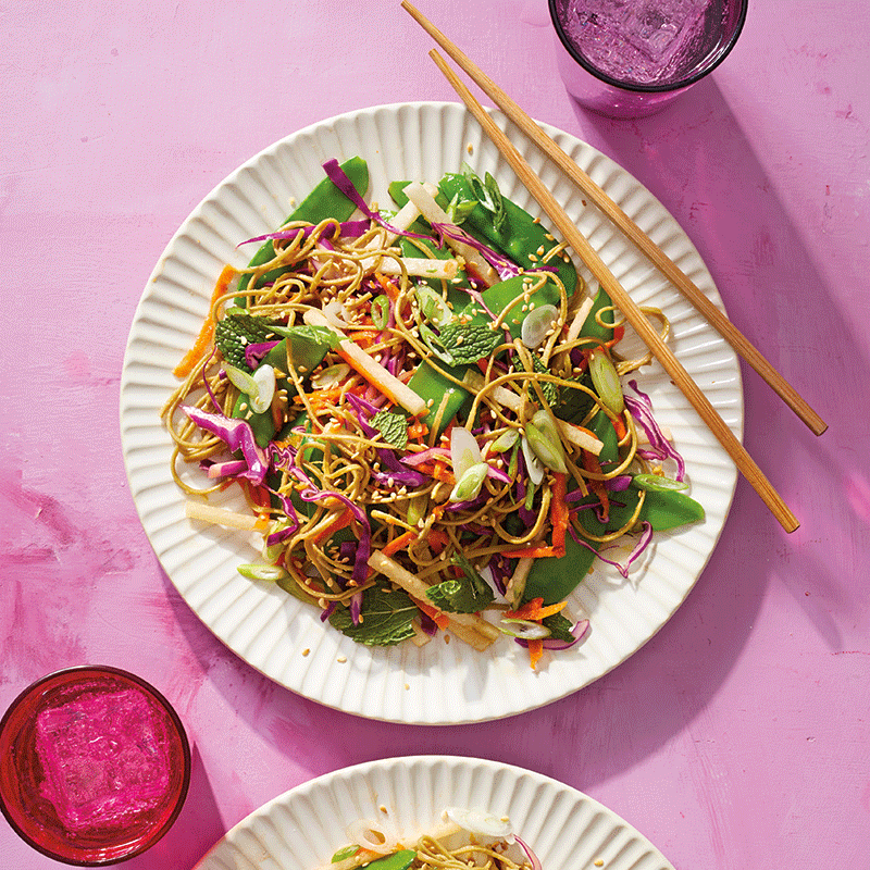 Rainbow noodle salad with lime dressing