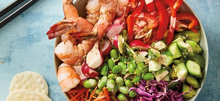 Rainbow poke bowls with spicy sesame drizzle