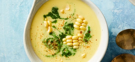 Chilled Corn Soup with Spicy Cilantro Drizzle