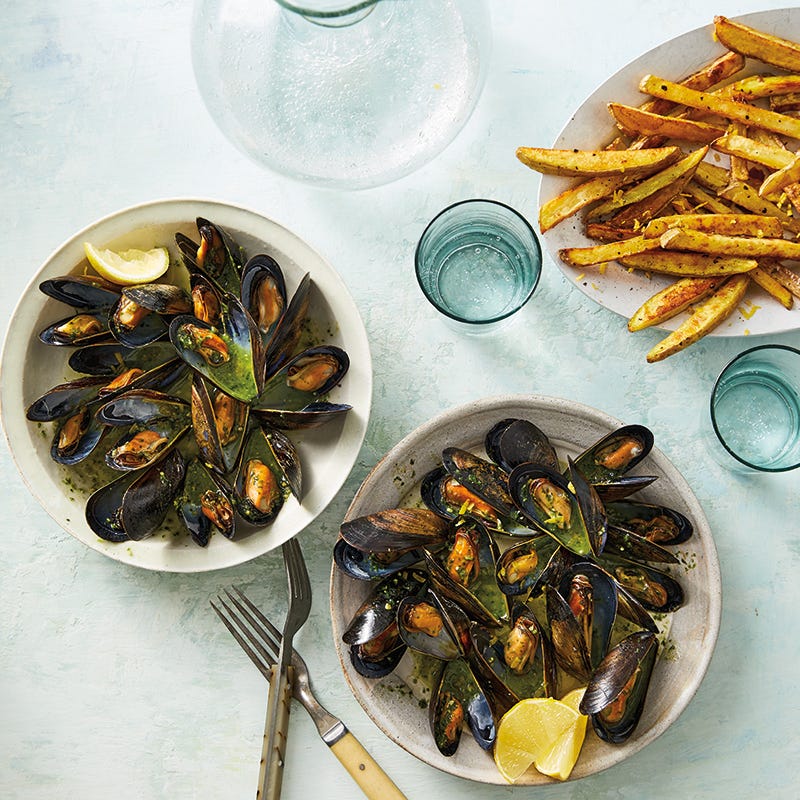Mussels with Pesto Broth & Lemony Oven Fries