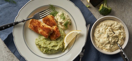 Tofupinnar med broccolipuré och remoulade