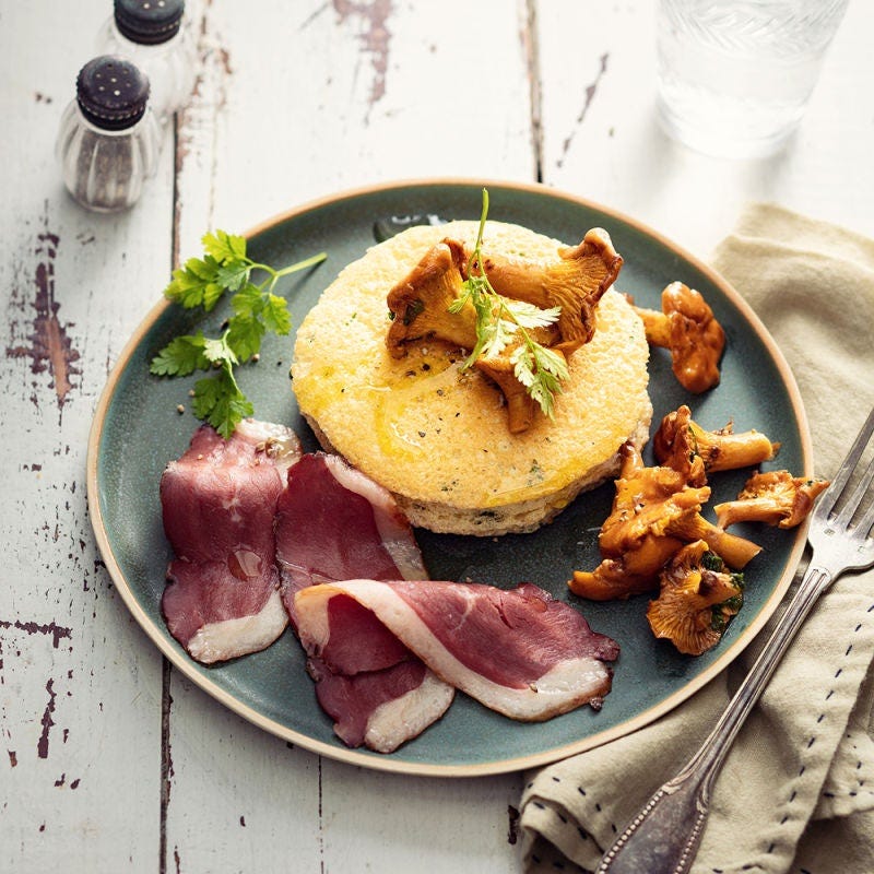 Fluffy pancakes aux girolles, magret et truffe