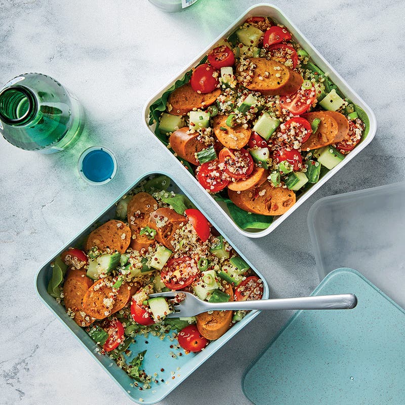 Vegan sausage and quinoa tabouli