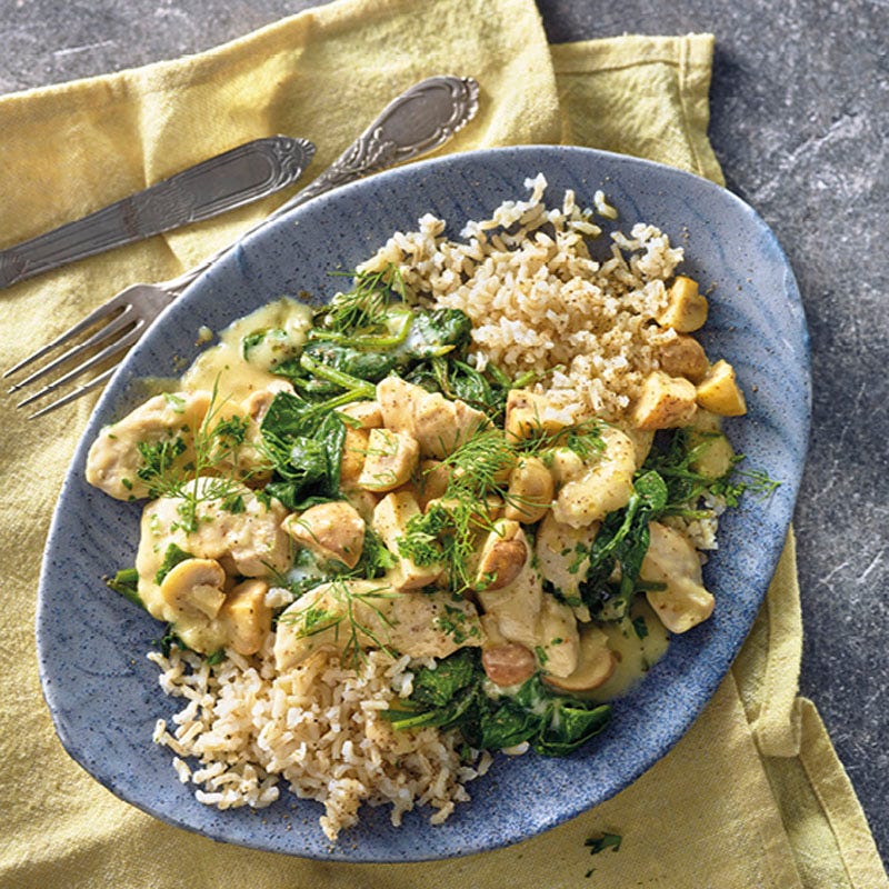 Hähnchen Stroganoff mit Spinat