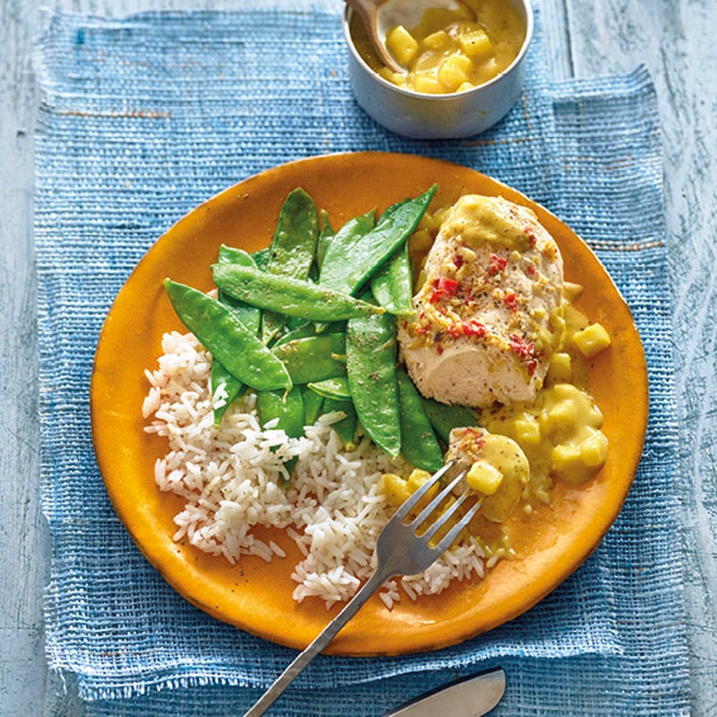 Ingwerhähnchen mit Reis und Zuckerschoten