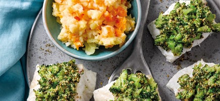 Zeewolf met broccolikorst en knolselderij-wortelstamppot