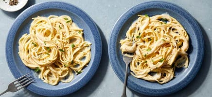 Chickpea Spaghetti with Cottage Cheese Alfredo
