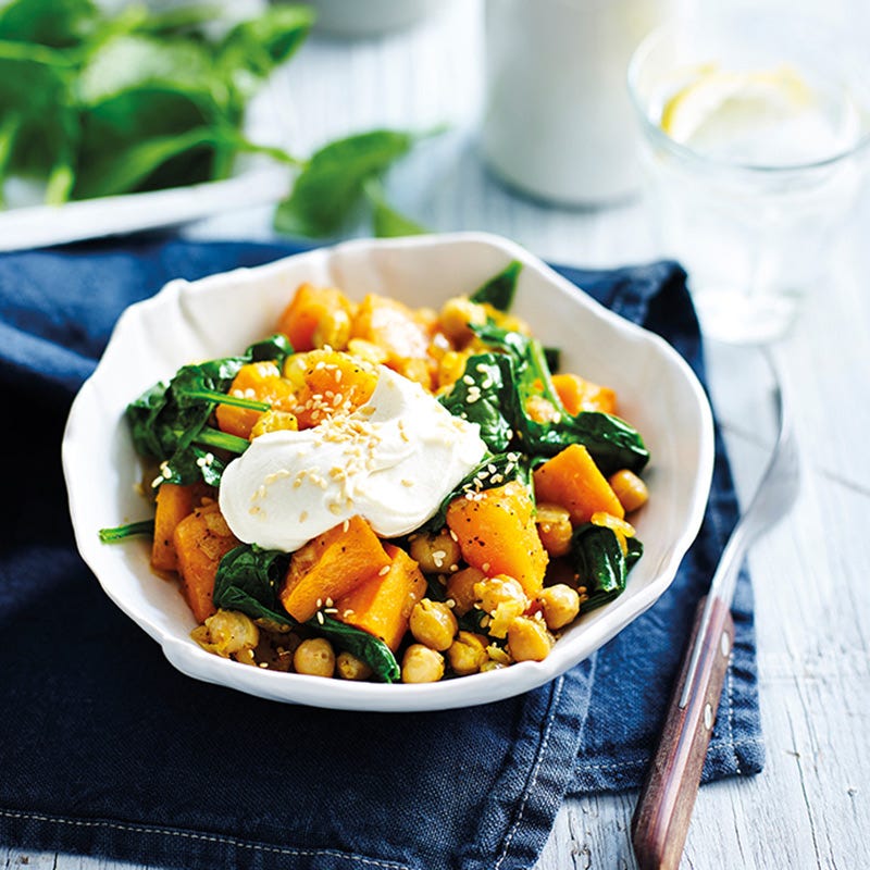 Süßkartoffel-Spinat-Pfanne mit Kichererbsen