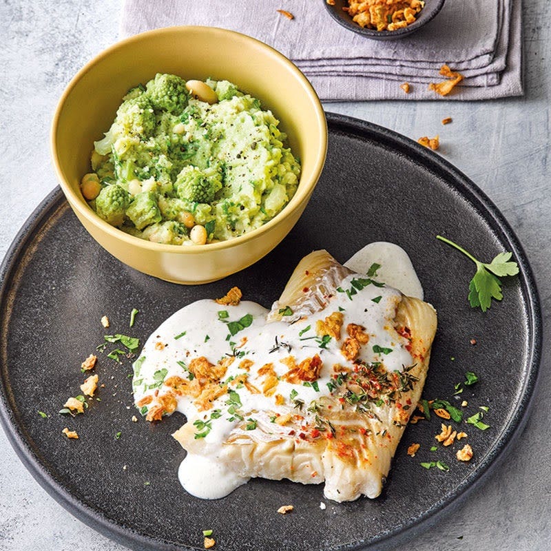 Ofenfisch mit Romanesco-Bohnen-Püree