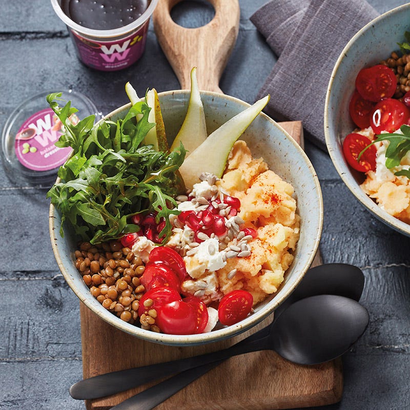 Kartoffelpüree-Linsen-Bowl