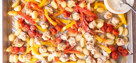 Sheet Pan Gnocchi-Meatball-Veggie Bake