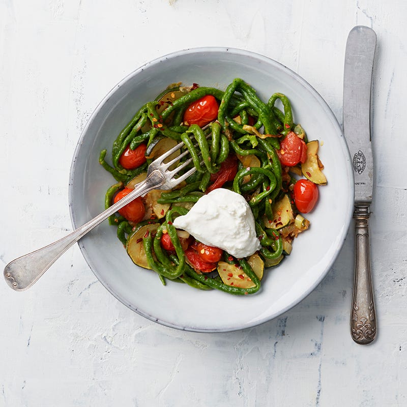 ViktVäktarna - Grön pici pasta med stekta grönsaker och burrata