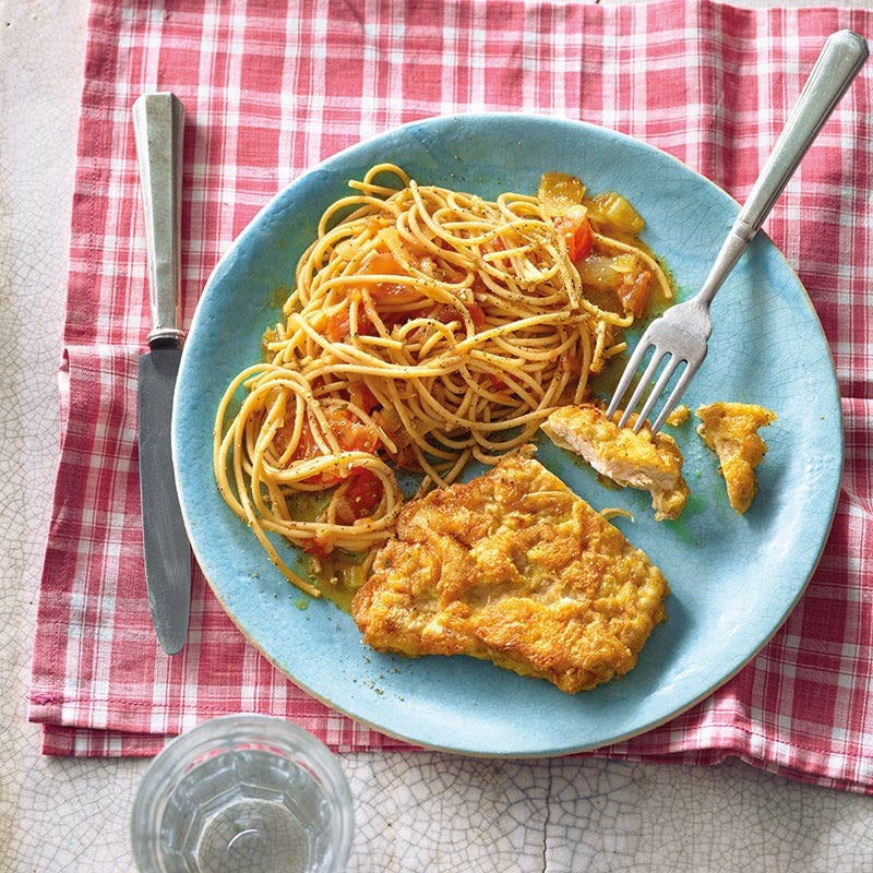 Piccata milanese mit Linsenspaghetti
