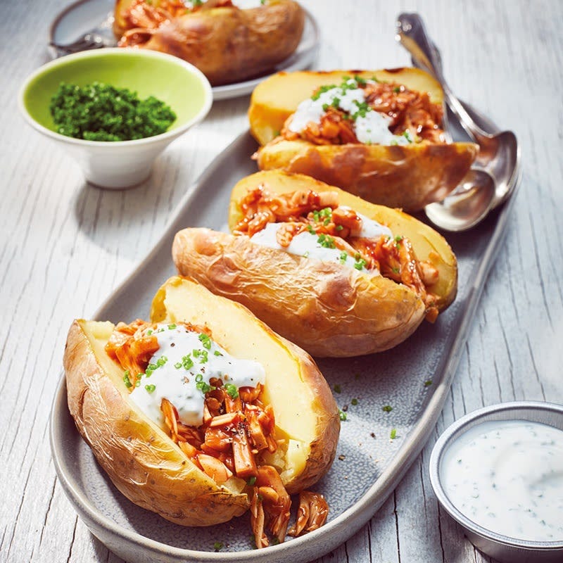 Kartoffeln mit Pulled Jackfruit BBQ-Style