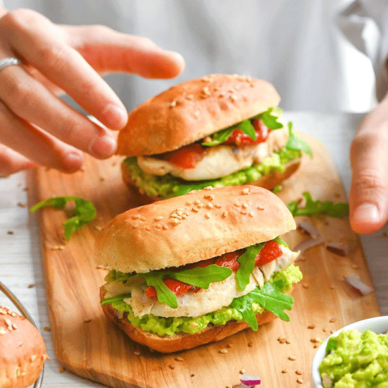 Chicken and avocado mini brioche burgers