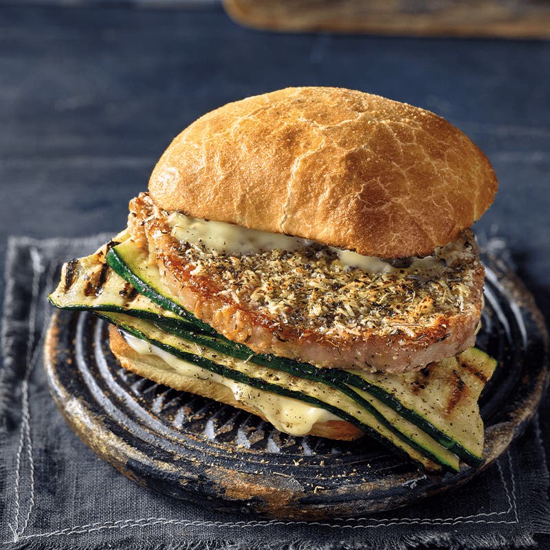 Pork schnitzel burger with zucchini