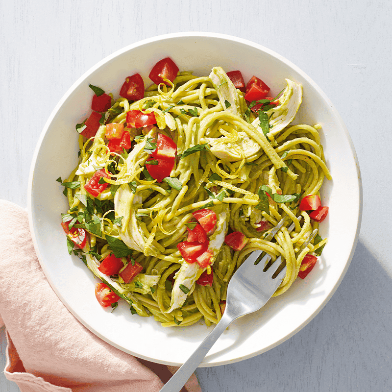 Chicken pasta with creamy avocado sauce