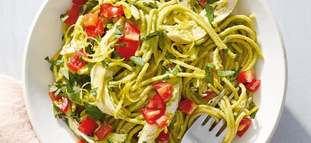 Chicken pasta with creamy avocado sauce