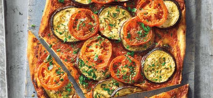 Cheat's tomato and eggplant pizzas
