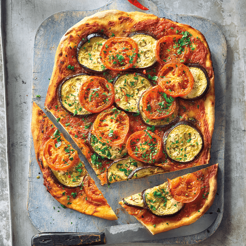 Cheat's tomato and eggplant pizzas