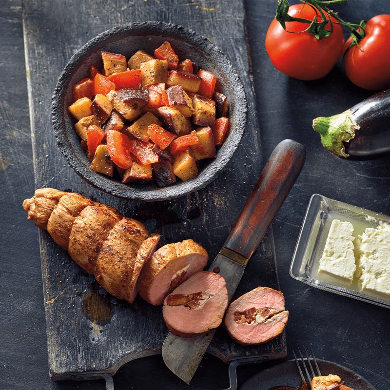 Porchetta-style pork fillet with caponata