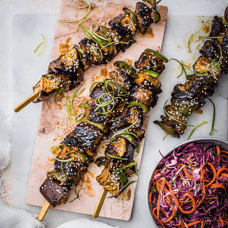 Teriyaki steak and eggplant skewers