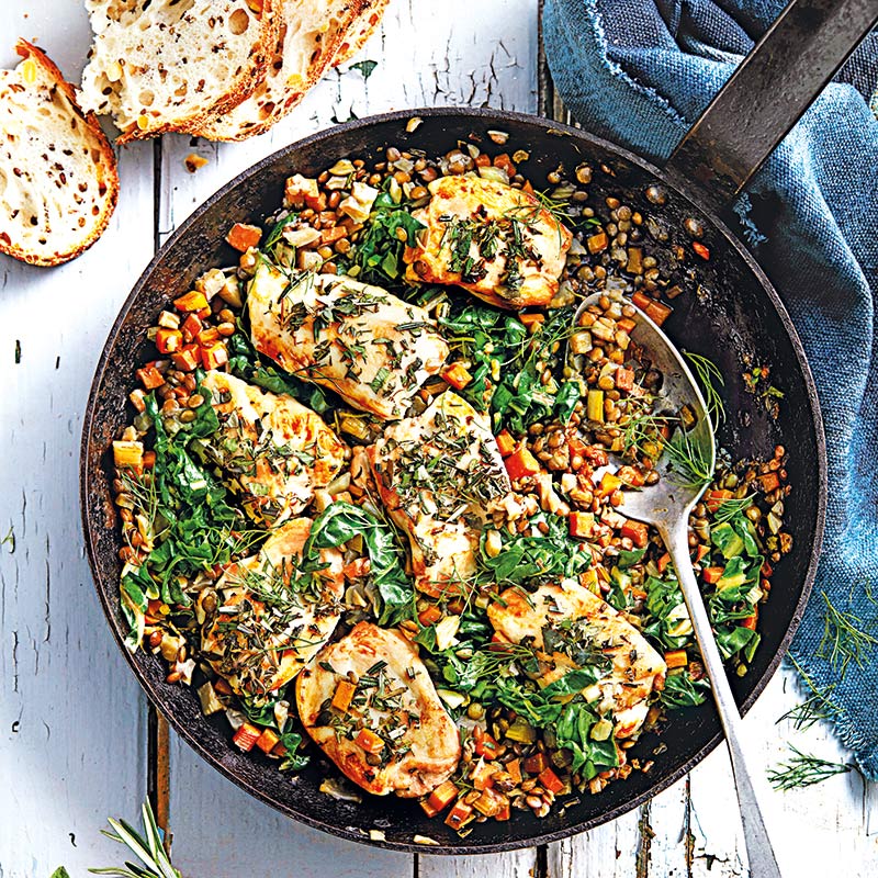 Schmorhähnchen mit Linsen