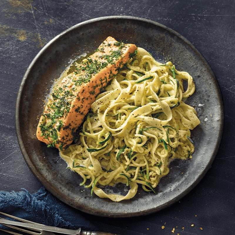 Herbed salmon on pasta and zoodles