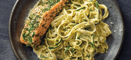 Herbed salmon on pasta and zoodles