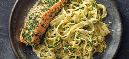 Herbed salmon on pasta and zoodles