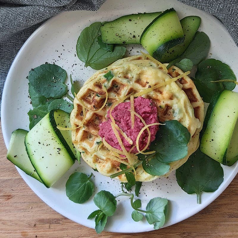 Kylie's zucchini, feta and lemon waffles