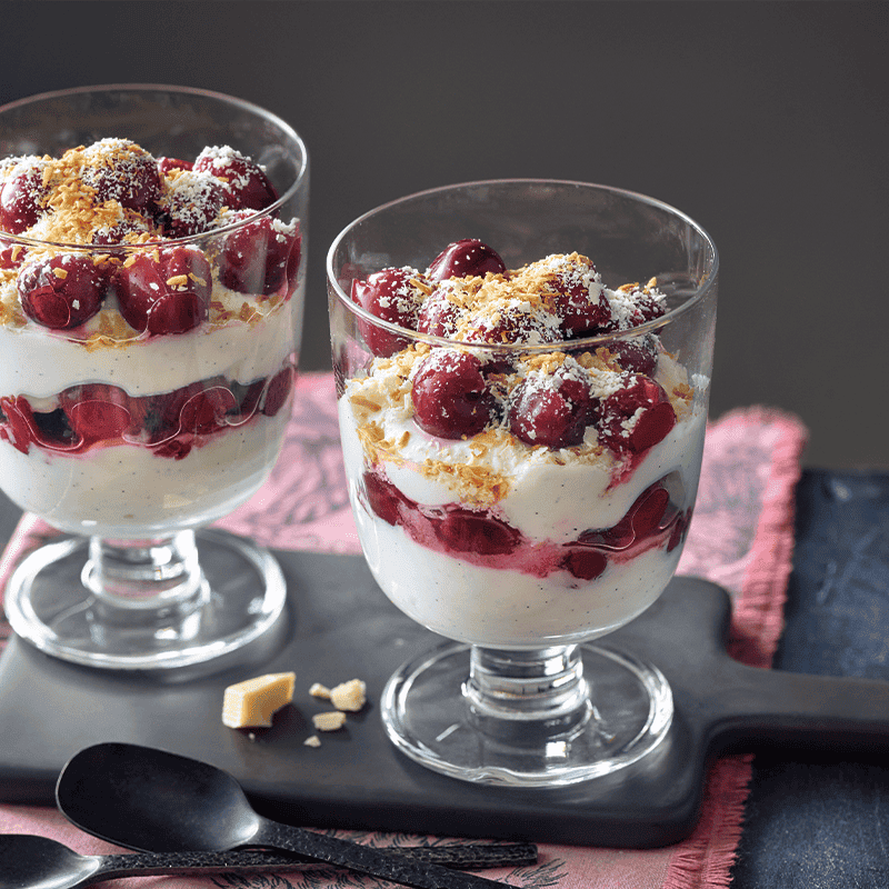 Cherry and white chocolate cheesecake trifles