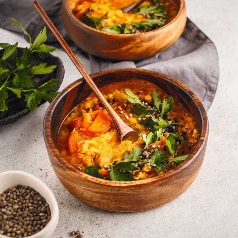 Foto van Linzencurry met doperwten, wortels en zoete aardappelen door WW