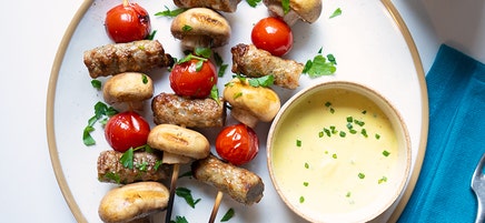 Grilled Breakfast Kebabs with Honey Mustard Dipping Sauce