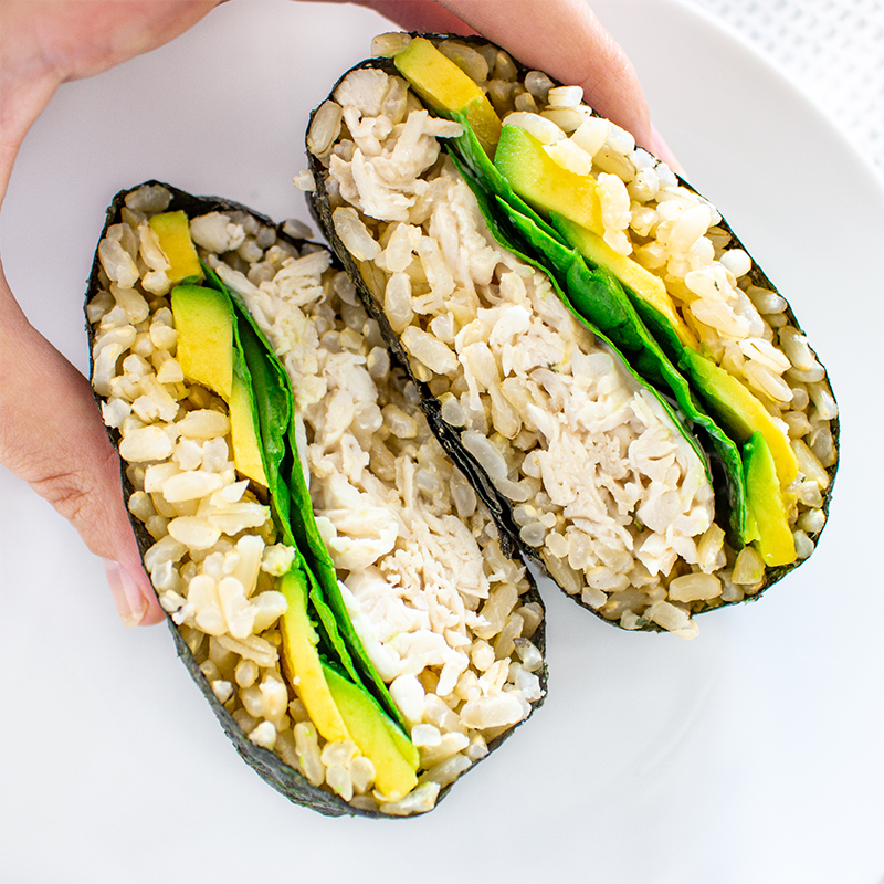 Chicken and avocado sushi sandwich (onigirazu)