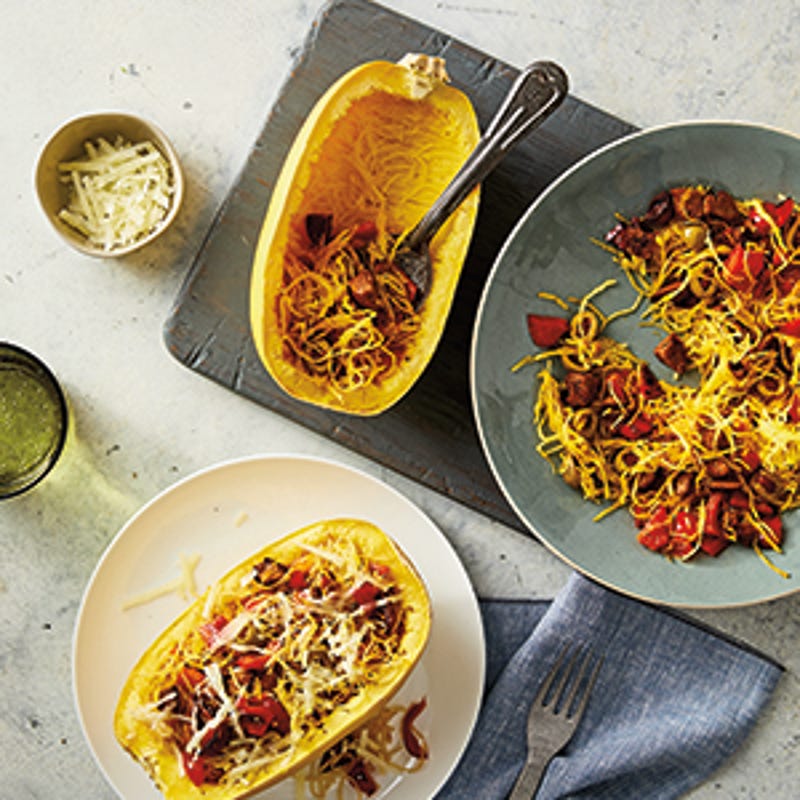 Foto van Spaghettipompoen met worst en Manchego door WW