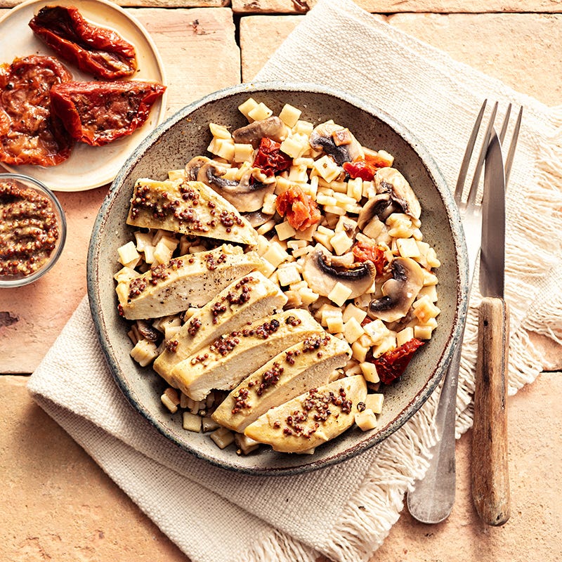 Risotto de crozets aux champignons et tomates séchées, poulet à la moutarde