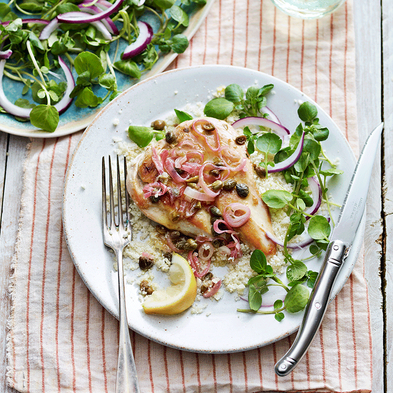 Butterflied chicken with lemon caper sauce
