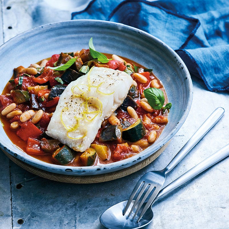 Bohnen-Ratatouille mit Ofenfisch