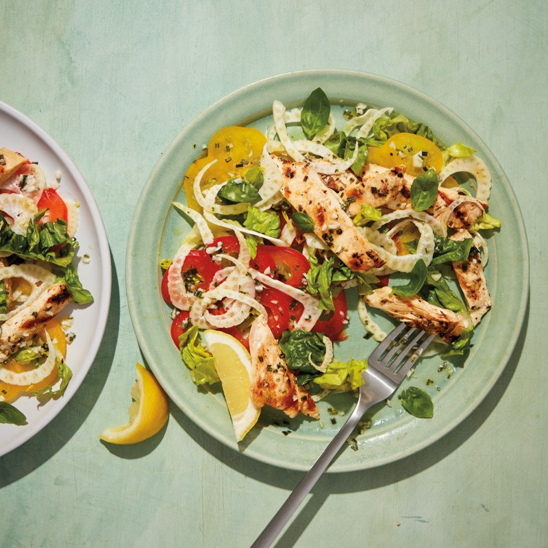 Grilled chicken cutlets with shaved summer salad