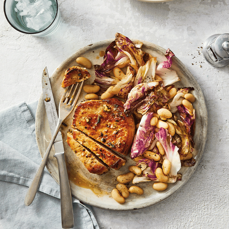 Pork chops with white beans & radicchio