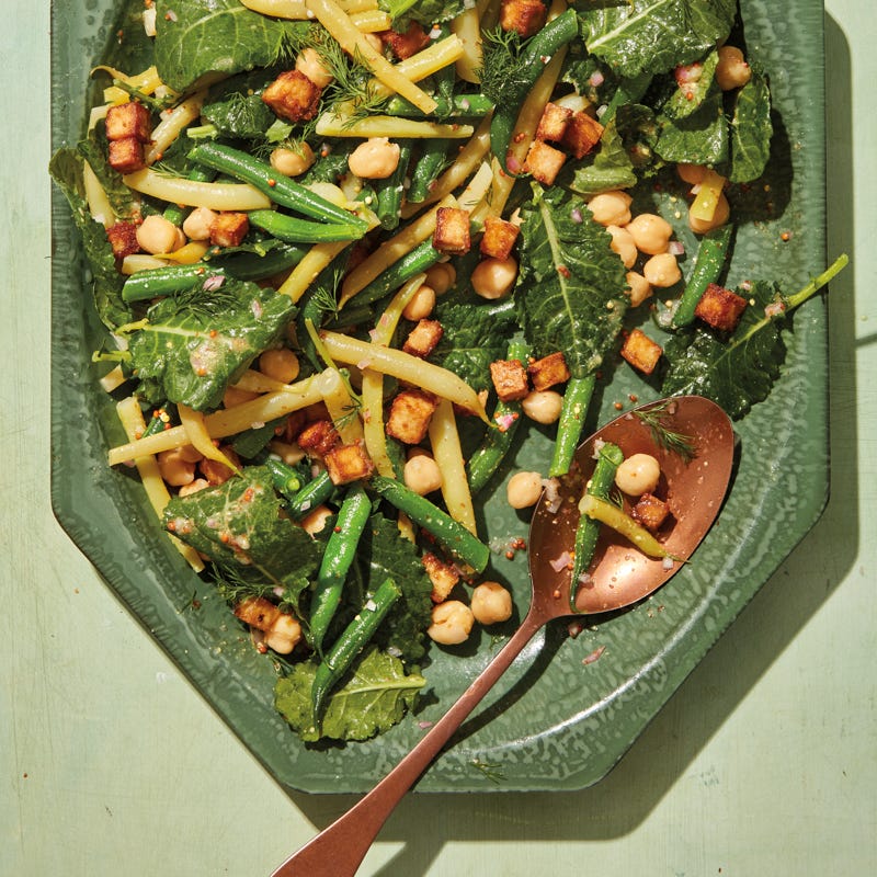 Bean salad with mustard vinaigrette & crispy tofu croutons