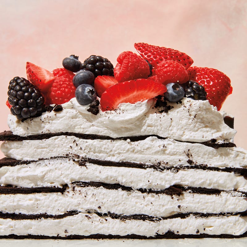 Chocolate icebox cake with mixed berries
