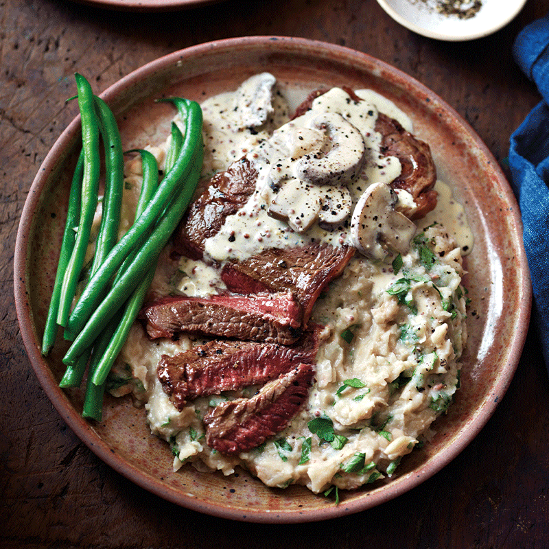 Steak & white bean mash with mushroom sauce