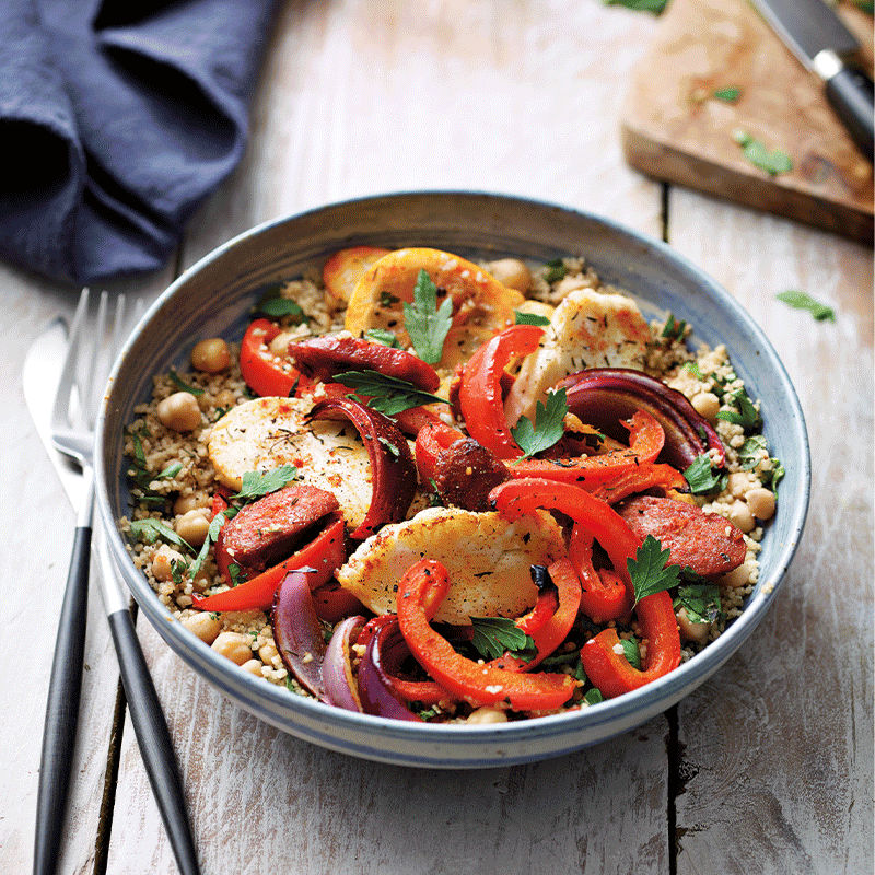 Chorizo & haloumi bake with chickpea couscous
