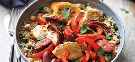Chorizo and haloumi bake with chickpea couscous