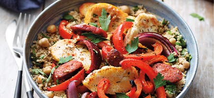 Chorizo and haloumi bake with chickpea couscous
