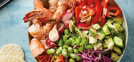 Rainbow poke bowl with spicy sesame drizzle